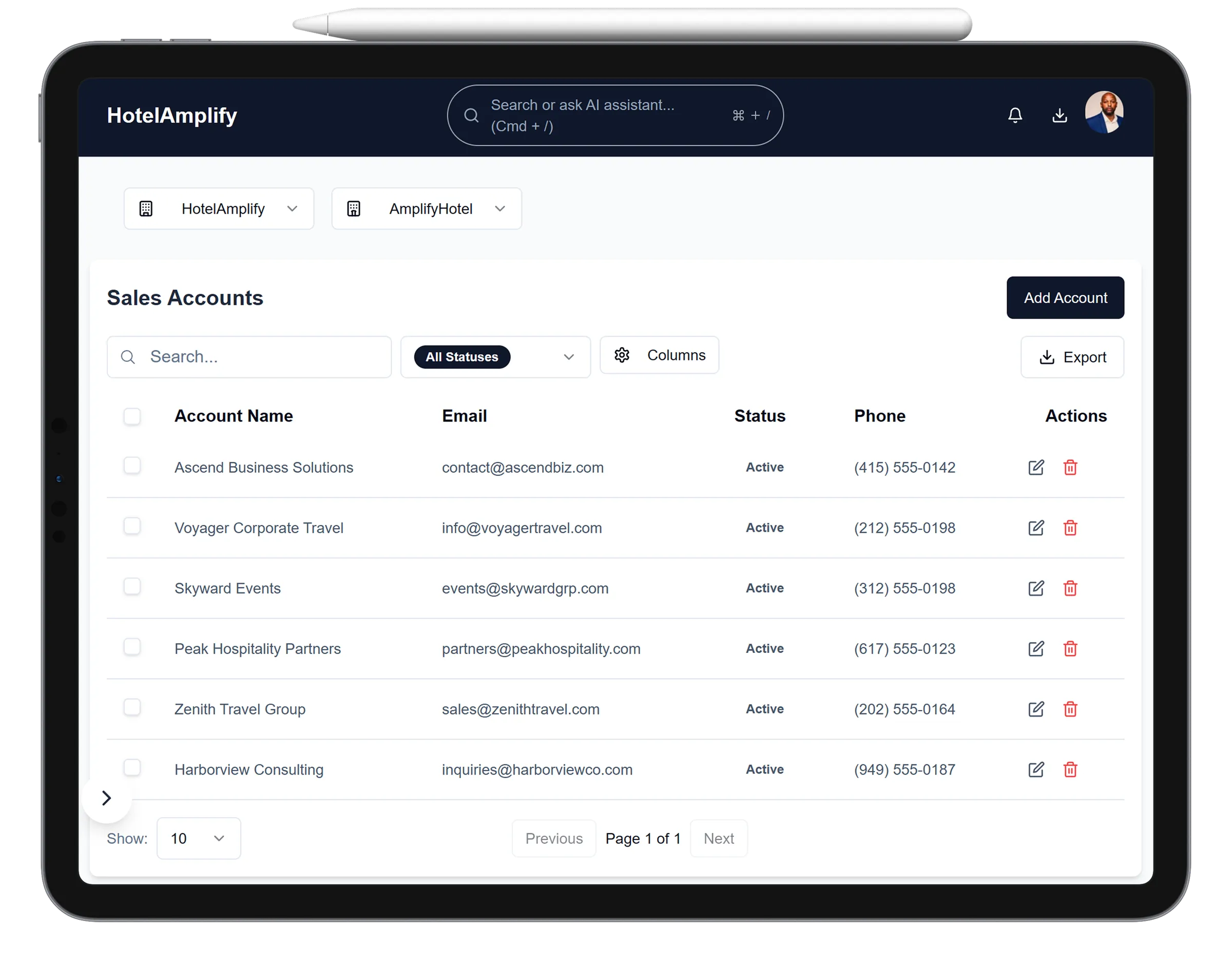 HotelAmplify Sales Accounts interface showing the account workspace on a tablet mockup.